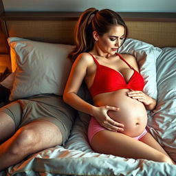 A woman approximately 16 weeks pregnant with long hair styled in a ponytail, lying on a plush bed next to a handsome man