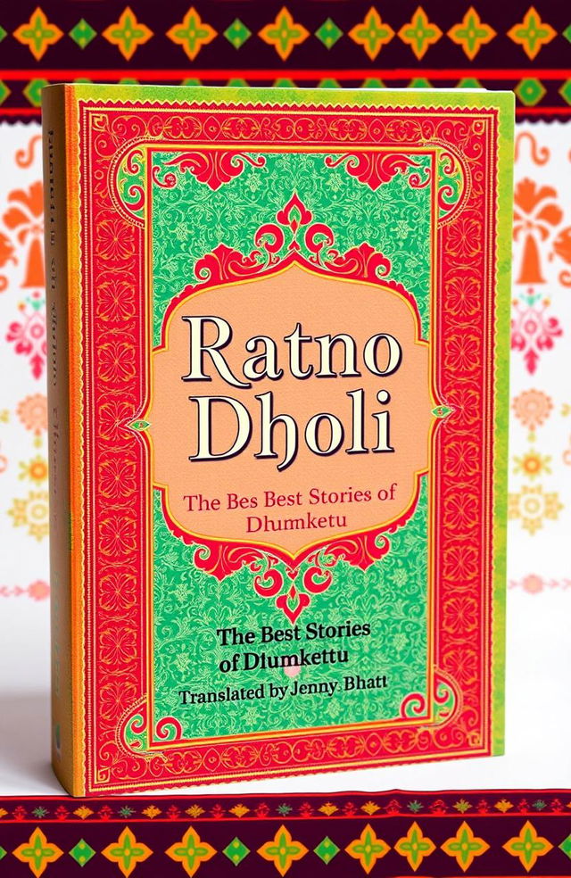 A vibrant and sophisticated book cover for 'Ratno Dholi, The Best Stories of Dhumketu, Translated by Jenny Bhatt'