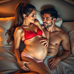 A 28-year-old woman approximately 16 weeks pregnant with long hair styled in a ponytail, lying on a luxurious bed next to an attractive man