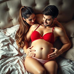 A 28-year-old woman approximately 16 weeks pregnant with long hair styled in a ponytail, lying on a luxurious bed next to an attractive man