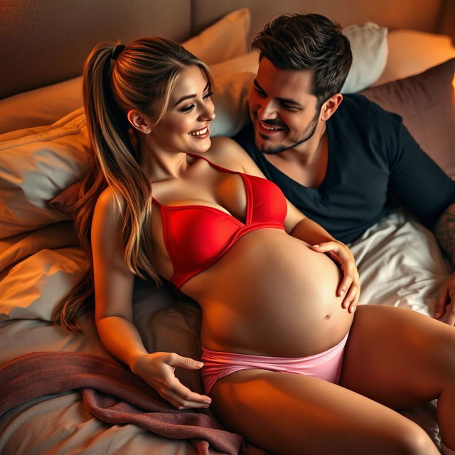 A 28-year-old woman approximately 16 weeks pregnant with long hair styled in a ponytail, lying on a luxurious bed next to an attractive man