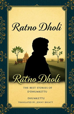A sophisticated book cover design for 'Ratno Dholi: The Best Stories of Dhumketu, Translated by Jenny Bhatt'