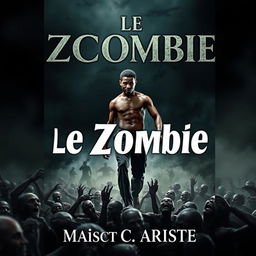 A striking book cover for the novel 'Le Zombie', featuring a young black man with a muscular physique confidently walking over a horde of zombies, referencing Haitian zombie folklore