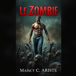A striking book cover for the novel 'Le Zombie', featuring a young black man with a muscular physique confidently walking over a horde of zombies, referencing Haitian zombie folklore