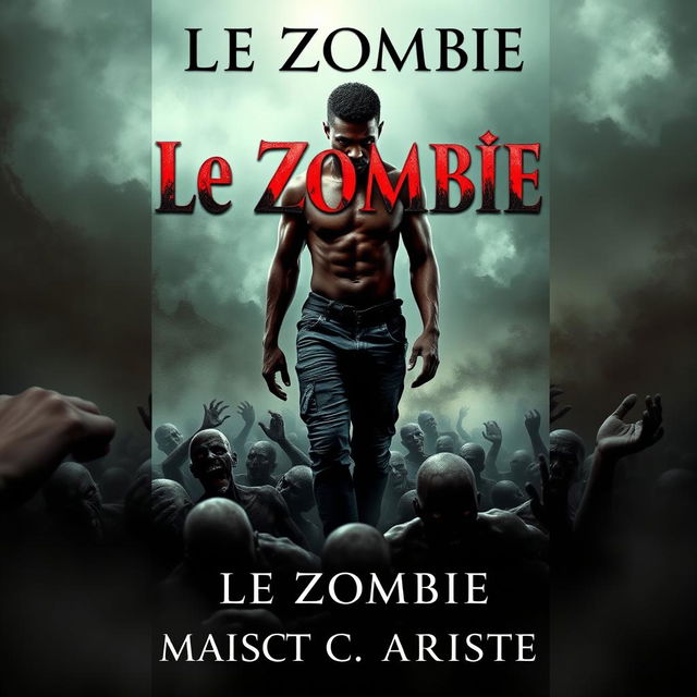 A striking book cover for the novel 'Le Zombie', featuring a young black man with a muscular physique confidently walking over a horde of zombies, referencing Haitian zombie folklore