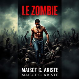 A striking book cover for the novel 'Le Zombie', featuring a young black man with a muscular physique confidently walking over a horde of zombies, referencing Haitian zombie folklore