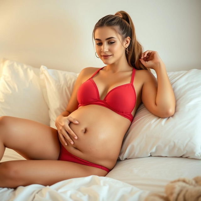 A 20-year-old woman with a ponytail, showcasing a baby bump of around 16 weeks, comfortably lying on a bed