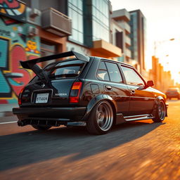 A stunning Nissan March, a four-door model from the year 1988, prominently displayed in a vibrant urban environment