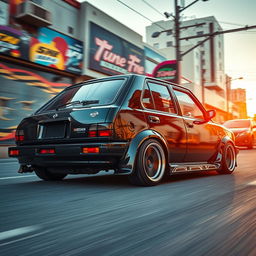 A stunning Nissan March, a four-door model from the year 1988, prominently displayed in a vibrant urban environment