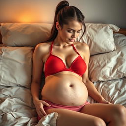 A 20-year-old woman with a ponytail, showcasing a baby bump of around 12 weeks, lying on a bed while wearing a stylish red bra and pink underwear