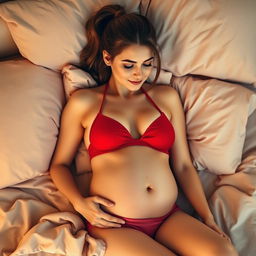 A 20-year-old woman with a ponytail, showcasing a baby bump of around 12 weeks, lying on a bed while wearing a stylish red bra and pink underwear