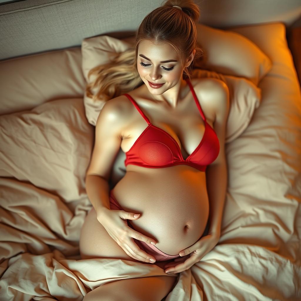 A 20-year-old woman with a ponytail, showcasing a baby bump of around 12 weeks, lying on a bed while wearing a stylish red bra and pink underwear