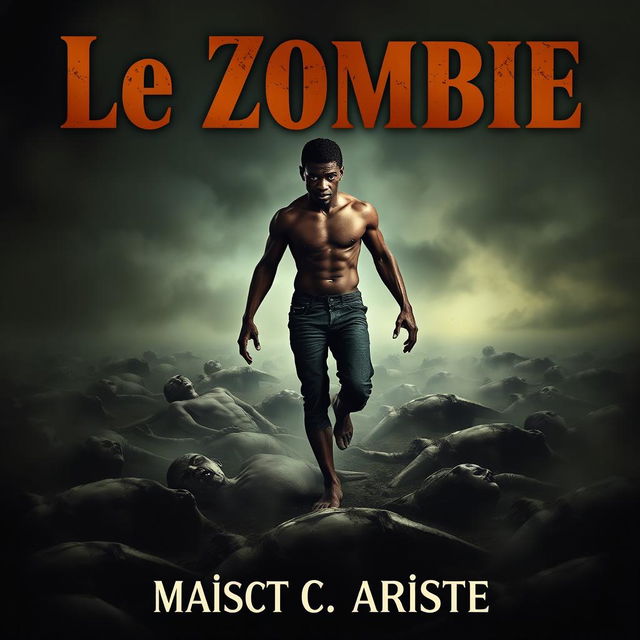 A captivating book cover for the novel 'Le Zombie', showcasing a young black man with a muscular build confidently striding over a landscape filled with lifeless bodies, symbolic of Haitian zombie lore