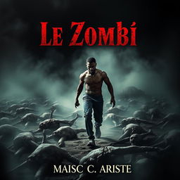 A captivating book cover for the novel 'Le Zombie', showcasing a young black man with a muscular build confidently striding over a landscape filled with lifeless bodies, symbolic of Haitian zombie lore