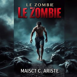 A captivating book cover for the novel 'Le Zombie', showcasing a young black man with a muscular build confidently striding over a landscape filled with lifeless bodies, symbolic of Haitian zombie lore