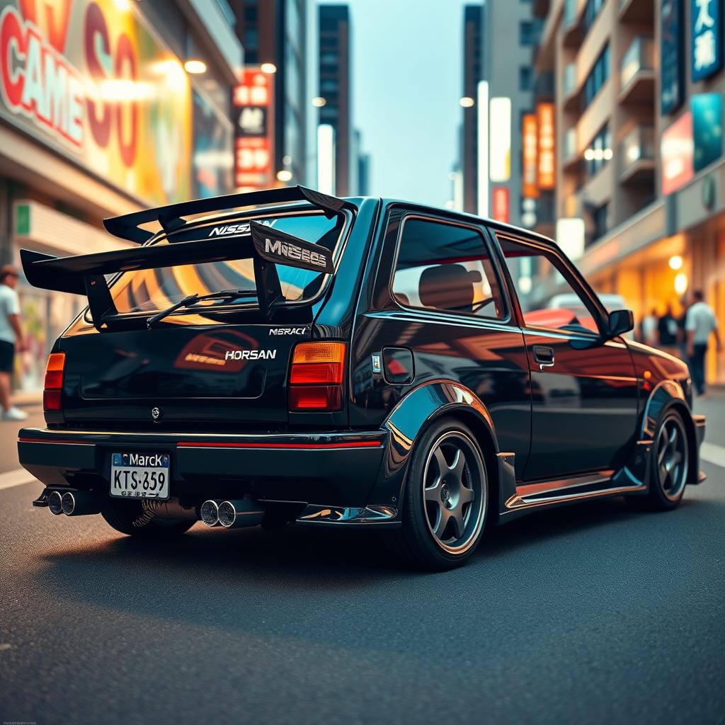 A sleek Nissan March, a four-door model from the year 1988, prominently displayed in a vibrant urban setting