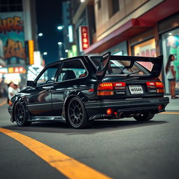 A sleek Nissan March, a four-door model from the year 1988, prominently displayed in a vibrant urban setting