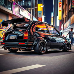 A sleek Nissan March, a four-door model from the year 1988, prominently displayed in a vibrant urban setting