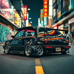 A sleek Nissan March, a four-door model from the year 1988, prominently displayed in a vibrant urban setting
