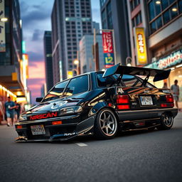 A striking Nissan March sedan from the year 1988, showcased in a thrilling urban setting