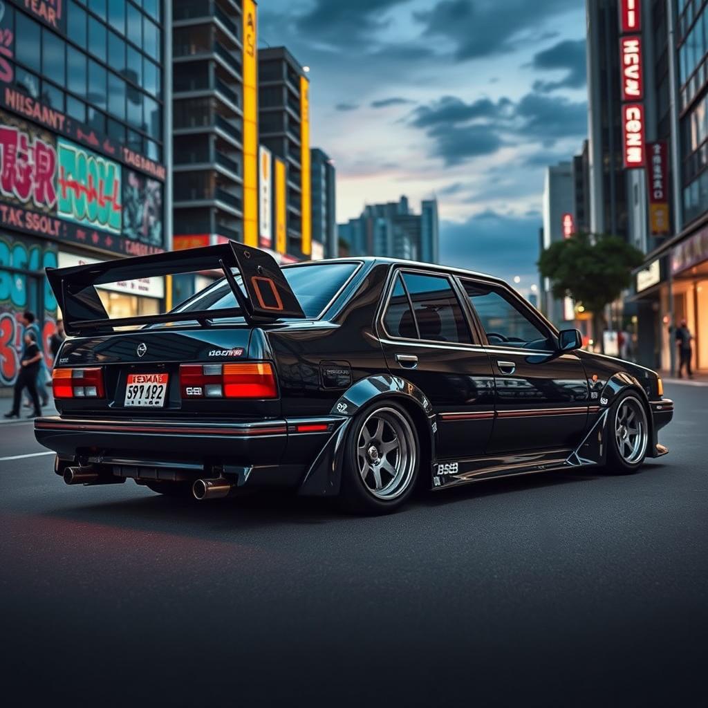 A striking Nissan March sedan from the year 1988, showcased in a thrilling urban setting