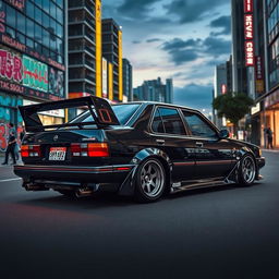 A striking Nissan March sedan from the year 1988, showcased in a thrilling urban setting