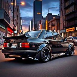 A striking Nissan March sedan from the year 1988, showcased in a thrilling urban setting