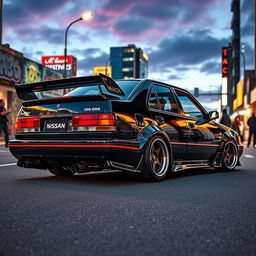 A striking Nissan March sedan from the year 1988, showcased in a thrilling urban setting