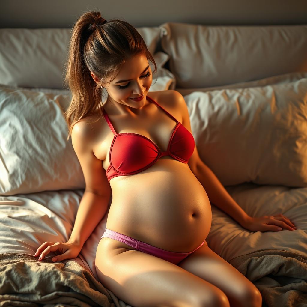 A 20-year-old woman with a ponytail, visibly pregnant at around 12 weeks, lying on a bed while playfully showing her pink underwear beneath a stylish red bra