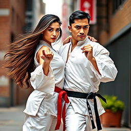 A beautiful couple, both skilled martial artists, showcasing their agility and strength in an impressive pose
