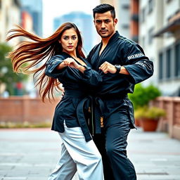 A beautiful couple, both skilled martial artists, showcasing their agility and strength in an impressive pose