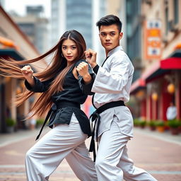 A beautiful couple, both skilled martial artists, showcasing their agility and strength in an impressive pose