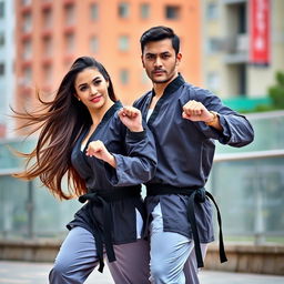 A beautiful couple, both skilled martial artists, showcasing their agility and strength in an impressive pose