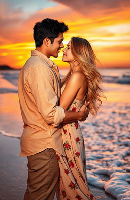 A romantic scene depicting an intimate moment between a couple in love, surrounded by a picturesque setting such as a sunset beach