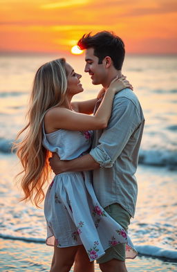 A romantic scene depicting an intimate moment between a couple in love, surrounded by a picturesque setting such as a sunset beach