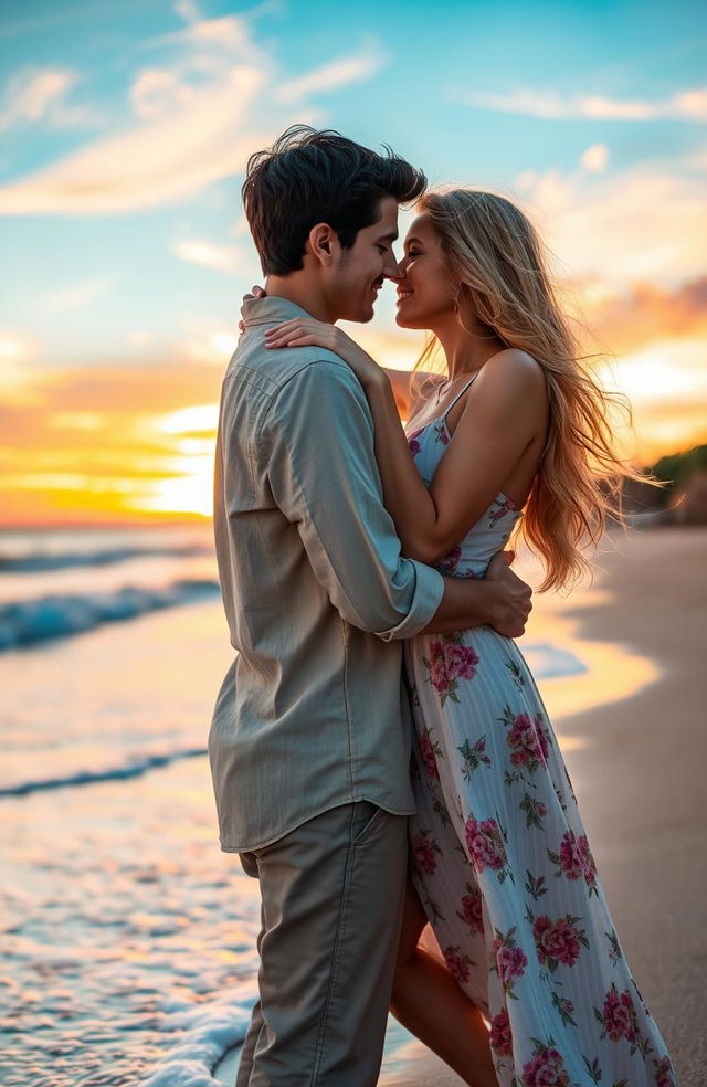 A romantic scene depicting an intimate moment between a couple in love, surrounded by a picturesque setting such as a sunset beach