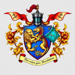 A detailed and vibrant coat of arms for a fictional kingdom, showcasing a majestic lion and a fierce dragon intertwined