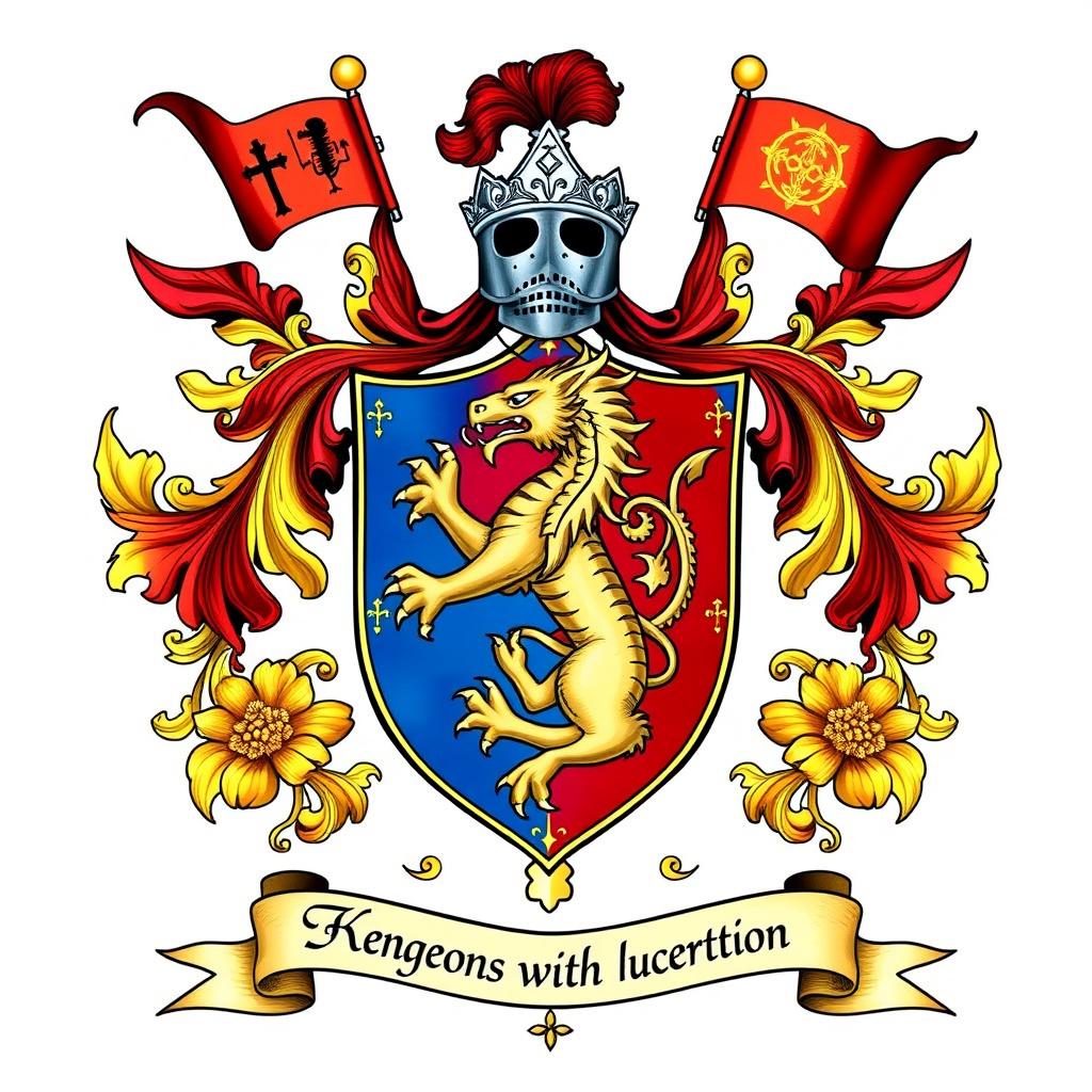 A detailed and vibrant coat of arms for a fictional kingdom, showcasing a majestic lion and a fierce dragon intertwined