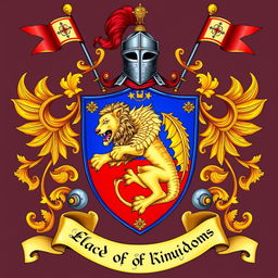 A detailed and vibrant coat of arms for a fictional kingdom, showcasing a majestic lion and a fierce dragon intertwined