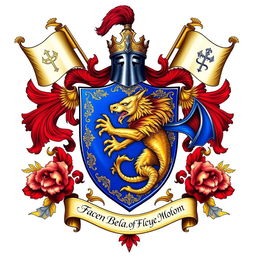 A detailed and vibrant coat of arms for a fictional kingdom, showcasing a majestic lion and a fierce dragon intertwined