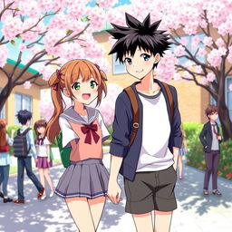 A vibrant and colorful anime-style illustration of two high school lovers