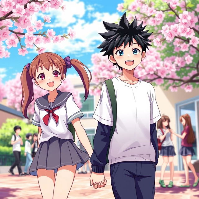 A vibrant and colorful anime-style illustration of two high school lovers