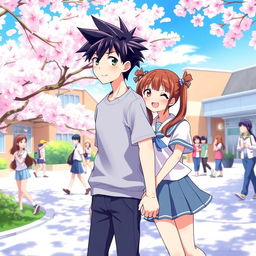 A vibrant and colorful anime-style illustration of two high school lovers