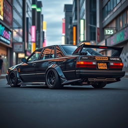 A sleek Nissan LK 10 LF sedan from the year 1988, showcased in a dynamic urban setting