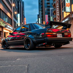 A sleek Nissan LK 10 LF sedan from the year 1988, showcased in a dynamic urban setting
