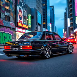 A sleek Nissan LK 10 LF sedan from the year 1988, showcased in a dynamic urban setting