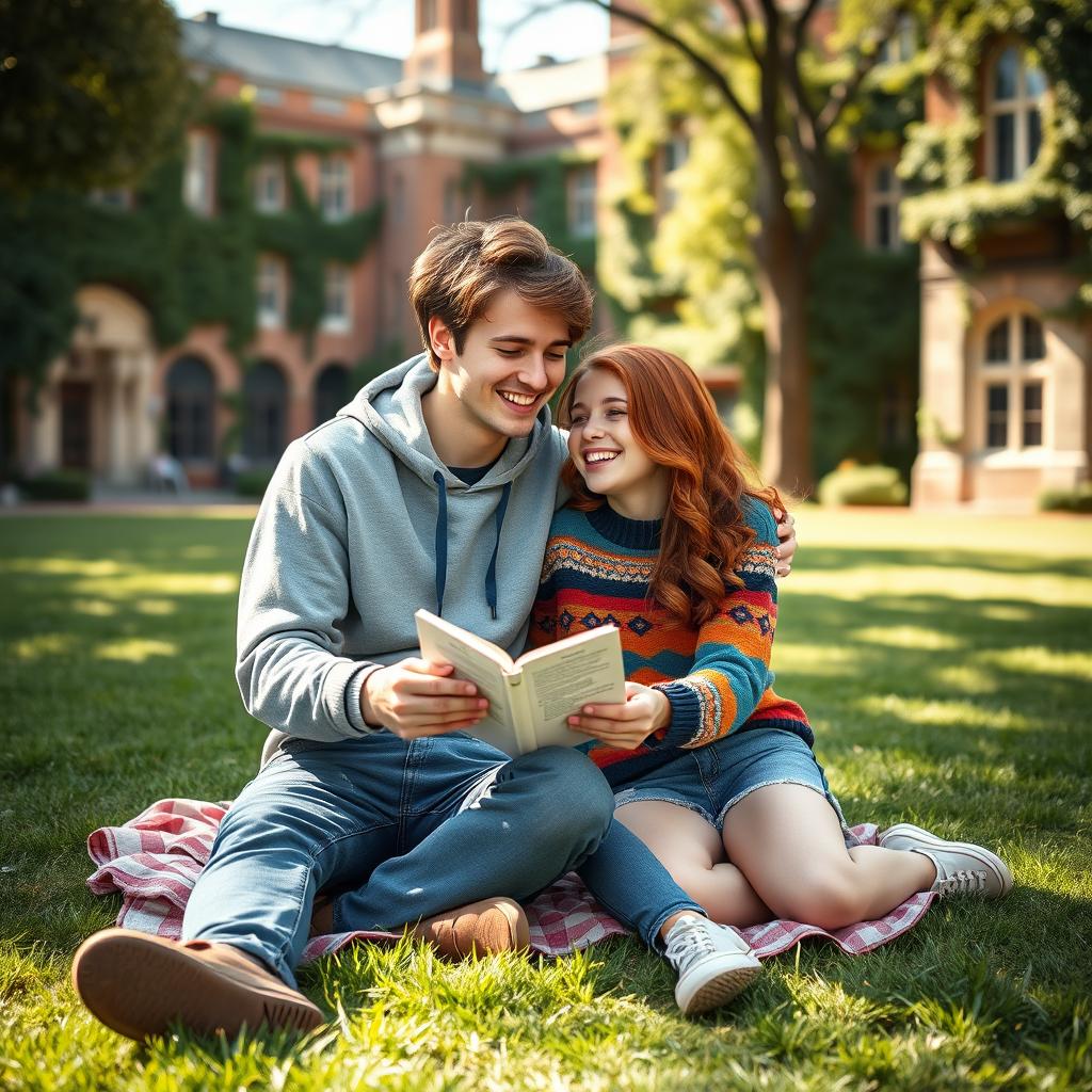 A charming and heartwarming scene of two college lovers on a university campus