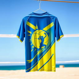 A stylish and vibrant volleyball jersey t-shirt, designed for athletic performance, featuring moisture-wicking fabric in a combination of bright colors like blue and yellow