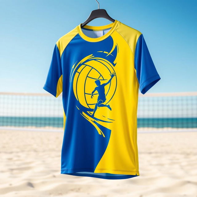 A stylish and vibrant volleyball jersey t-shirt, designed for athletic performance, featuring moisture-wicking fabric in a combination of bright colors like blue and yellow