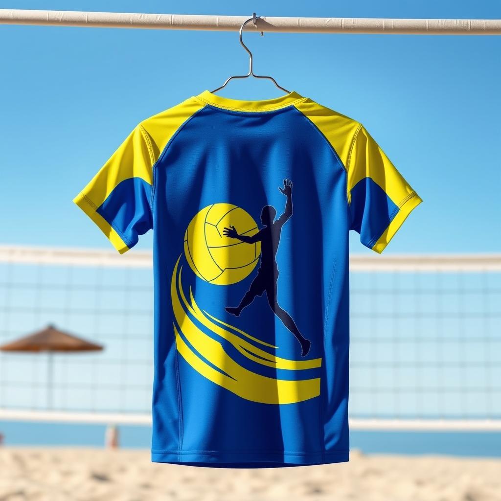 A stylish and vibrant volleyball jersey t-shirt, designed for athletic performance, featuring moisture-wicking fabric in a combination of bright colors like blue and yellow